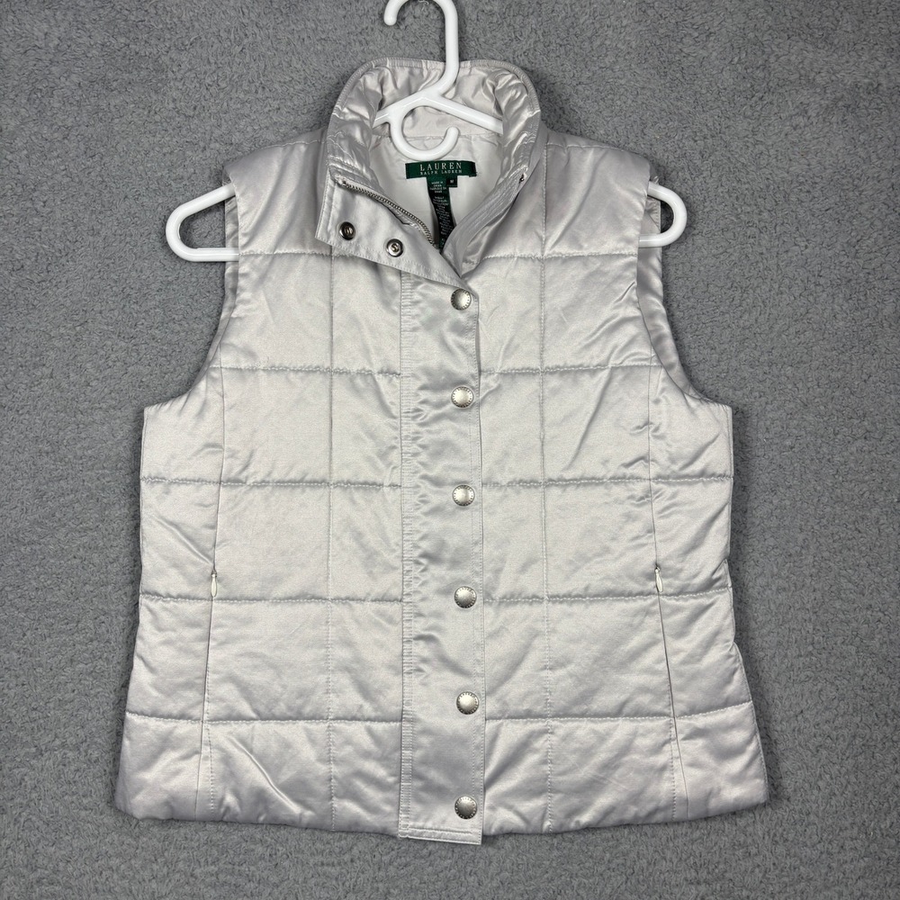 Lauren Ralph Lauren Silver Quilted Puffer Vest Womens Medium Grey Snap Front